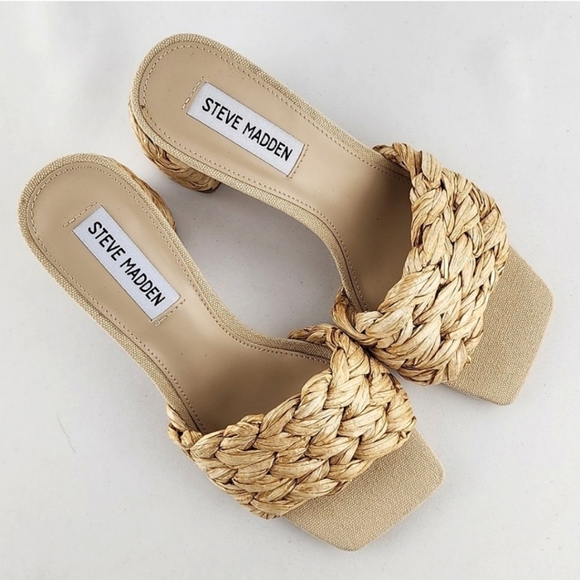 STEVE MADDEN Laveda Woven Natural Slip On Sandals Block Heel Square Toe Sz 6.5M - Picture 4 of 12